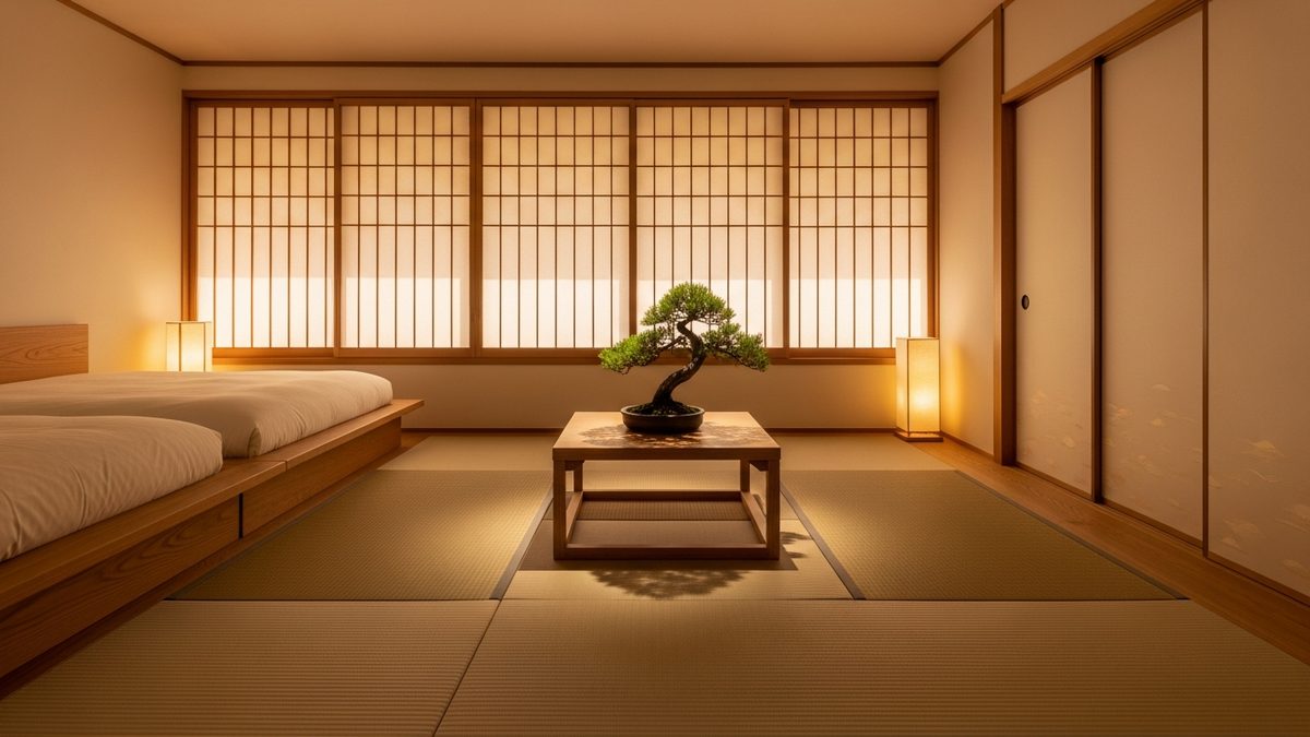 Intérieur zen japonais avec tatami, paravents shoji et mobilier en bois naturel