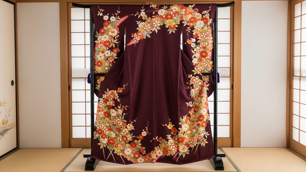 Kimono japonais traditionnel avec motifs floraux rouges et or sur présentoir en bois