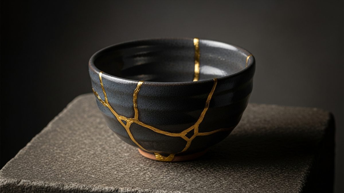 Bol en céramique wabi-sabi réparé au kintsugi avec veines dorées sur pierre
