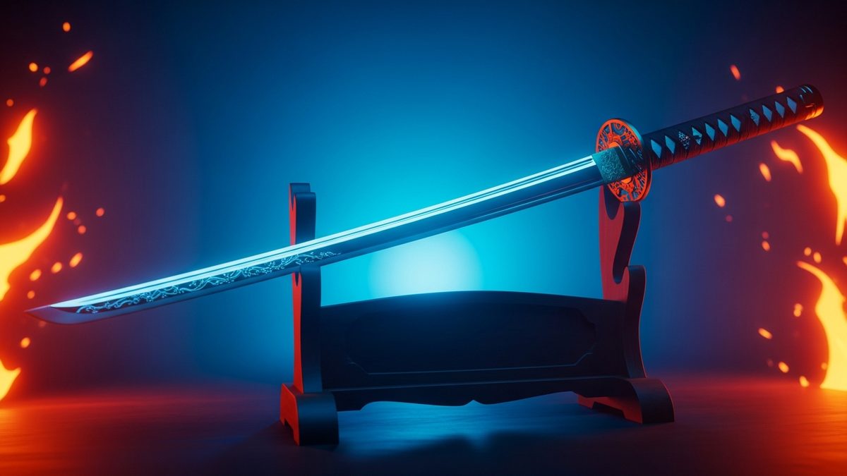 Katana japonais exposé avec éclairage cinématique inspiré de l'esthétique anime