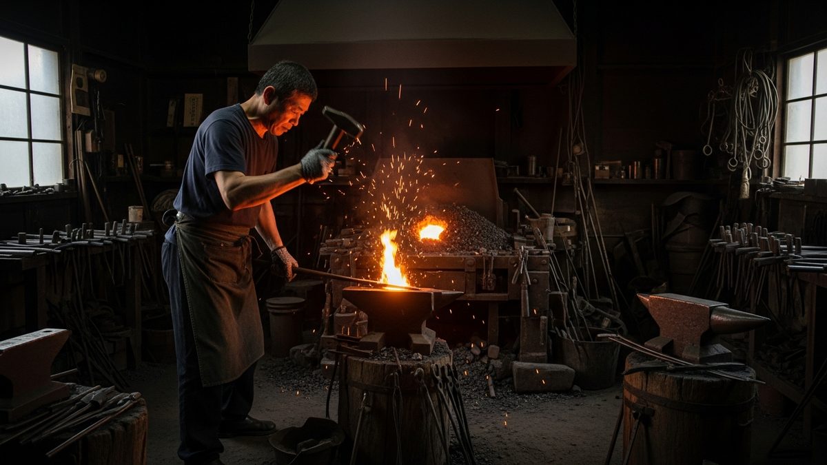 Maître forgeron japonais forgeant un katana avec acier chauffé et étincelles