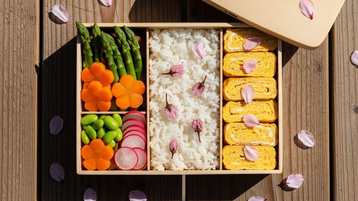 Boîte bento japonaise ouverte avec décoration sakura, riz coloré et légumes printaniers pour le Golden Week