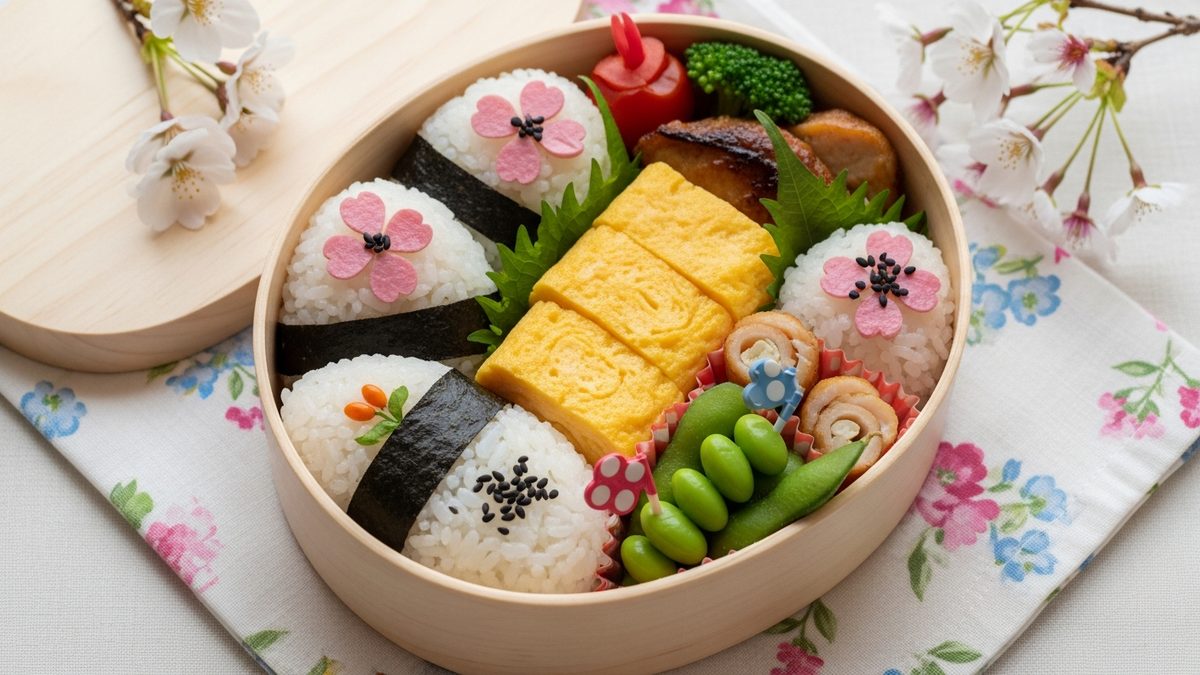 Bento hanami japonais ouvert avec onigiri sakura et mets printaniers