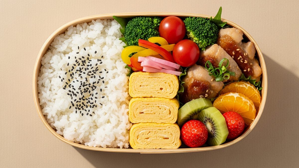 Bento japonais equilibre vu du dessus illustrant la regle du 4-3-2-1