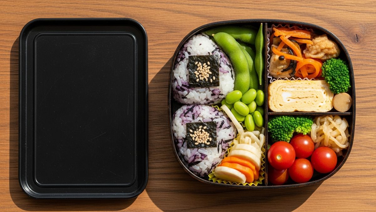 Bento végétarien japonais vu de dessus avec riz onigiri édamame et légumes colorés sur bois