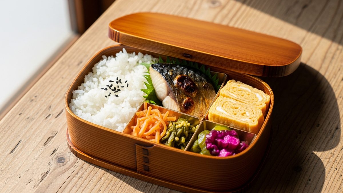 Bento japonais traditionnel compartimenté avec riz, légumes et accompagnements