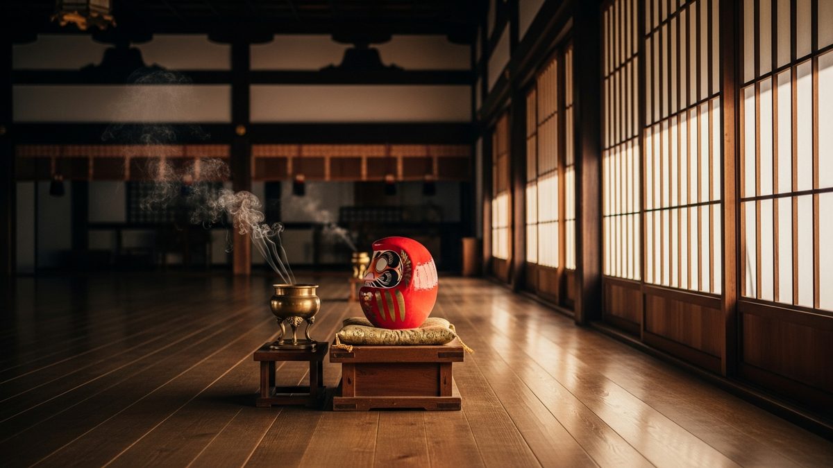 Statue de Daruma rouge dans un temple zen japonais traditionnel