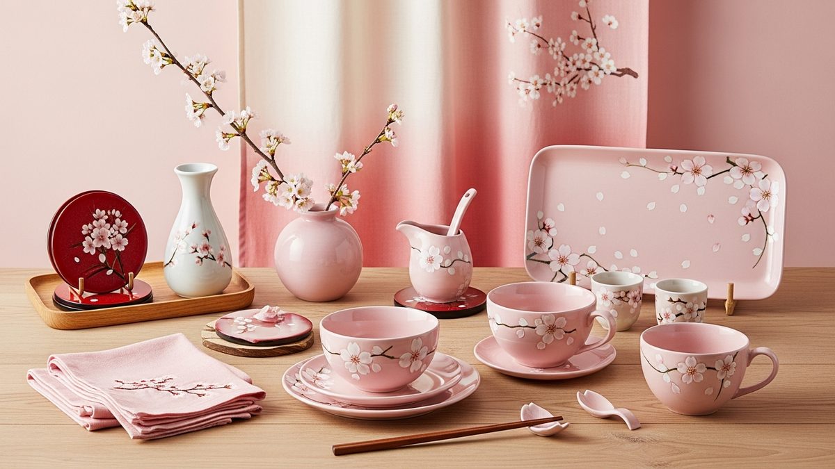 Objets japonais sakura sur table en bois avec vaisselle et décoration de printemps
