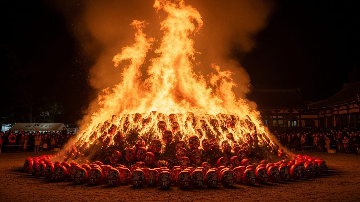 Cérémonie du Daruma Kuyo avec des daruma brûlés dans un feu rituel au temple japonais