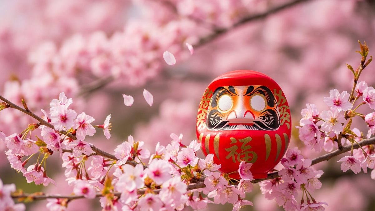 Daruma rouge japonais devant des branches de cerisier sakura en fleurs au printemps