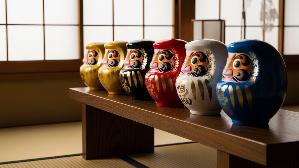 Collection de Darumas japonais de différentes couleurs - rouge, noir, doré