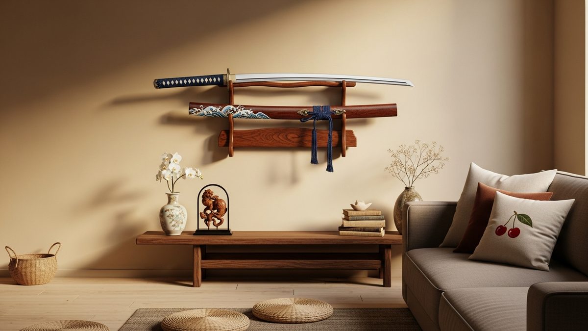 Katana decoratif expose sur un support mural dans un salon moderne