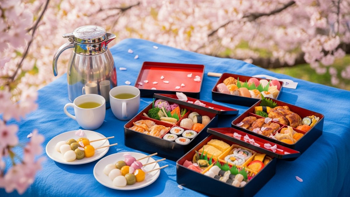 Pique-nique hanami sous les cerisiers en fleurs avec bento et dango