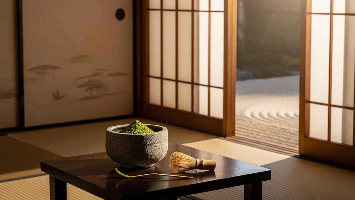 Cérémonie du thé matcha japonaise traditionnelle avec bol chawan et fouet chasen dans une pièce tatami
