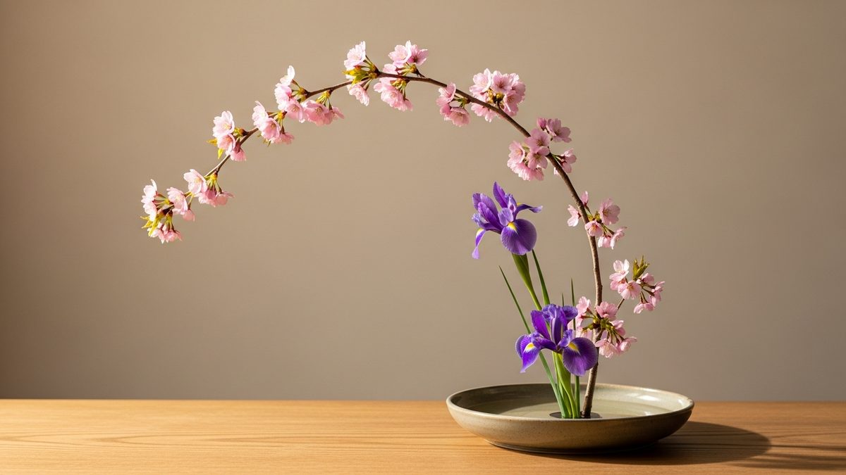 Composition ikebana japonaise avec branche de cerisier et iris dans vase céramique plat moribana