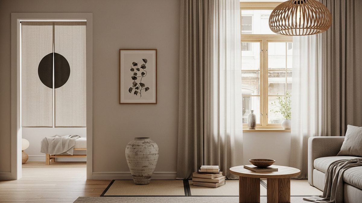 Intérieur style Japandi, salon minimaliste fusion japonaise et scandinave avec noren et céramique