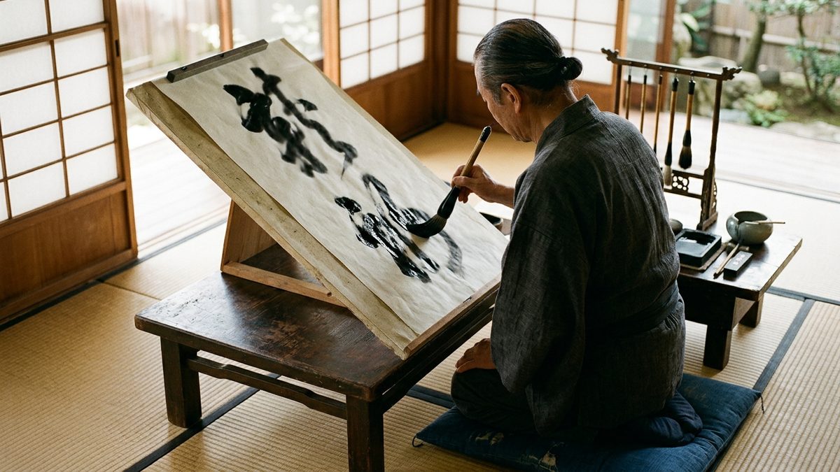 Kanji japonais : maître calligraphe traçant un caractère au pinceau sur papier washi