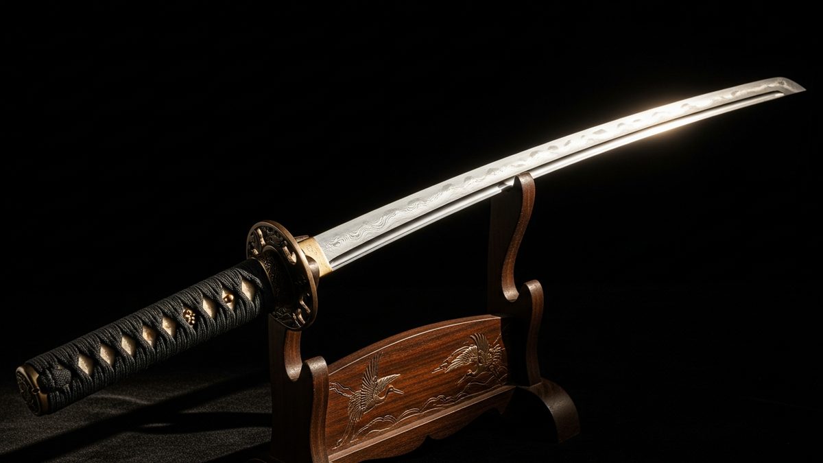 Katana japonais sur support en bois kake avec éclairage dramatique sur la lame d'acier