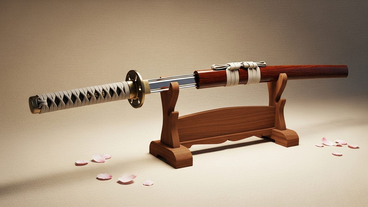 Katana japonais sur un support en bois traditionnel