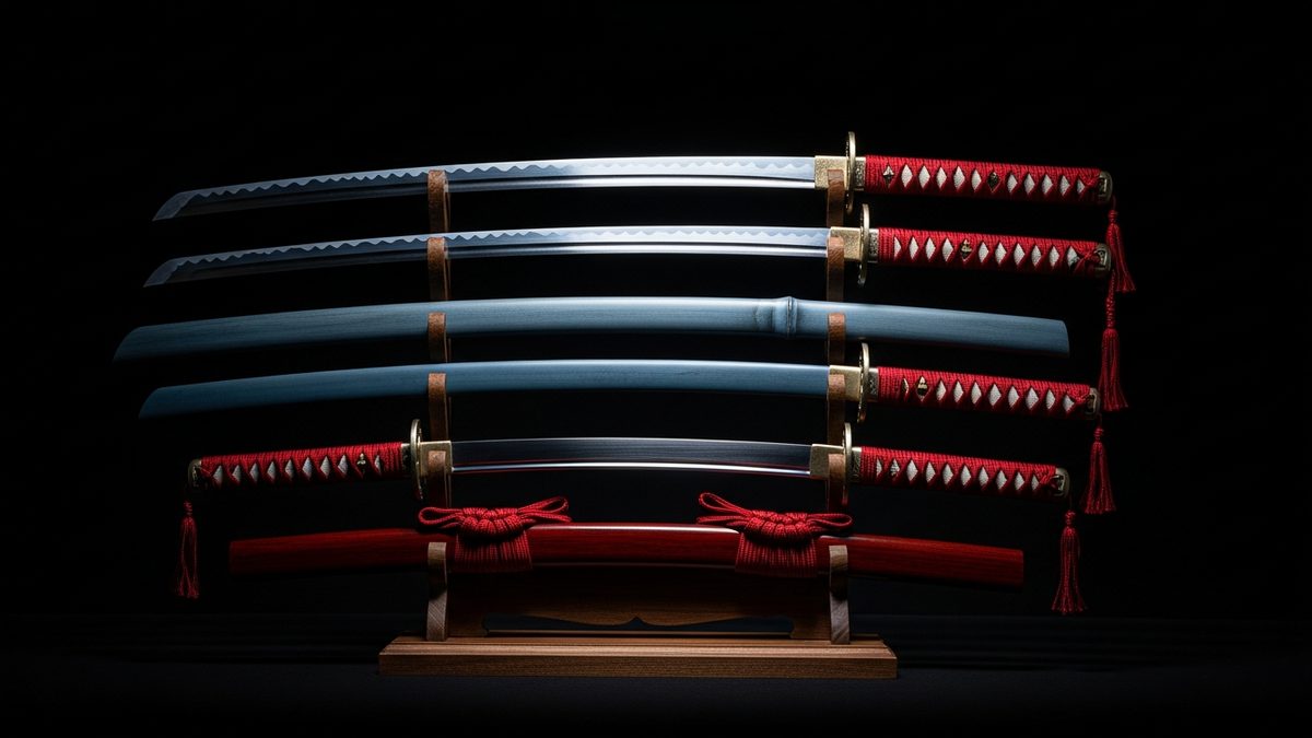 Répliques décoratives des katanas de Zoro One Piece sur support sombre