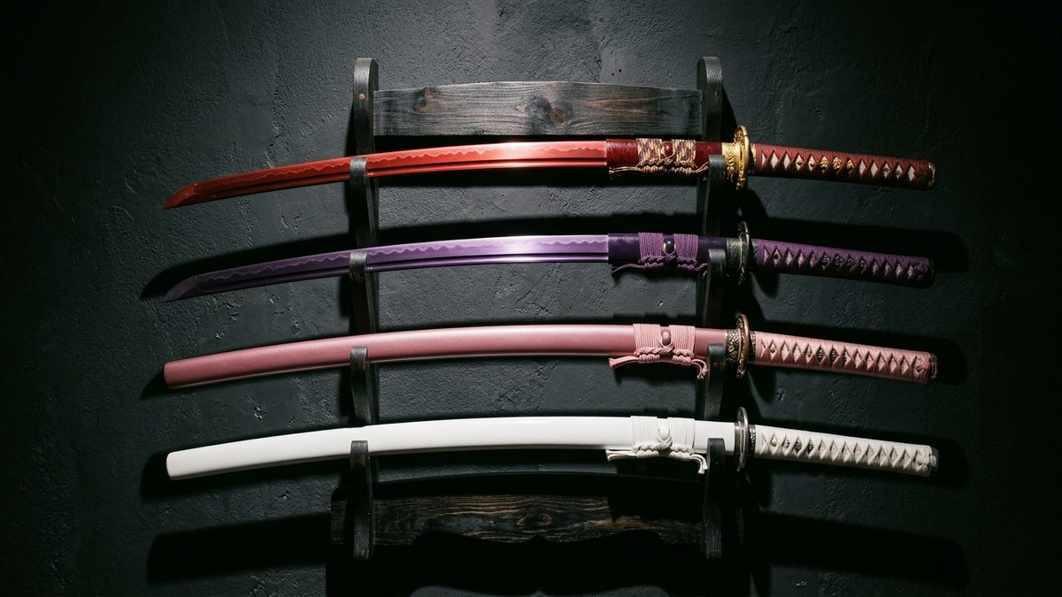 Collection de katanas colorés des Piliers de Demon Slayer sur supports en bois