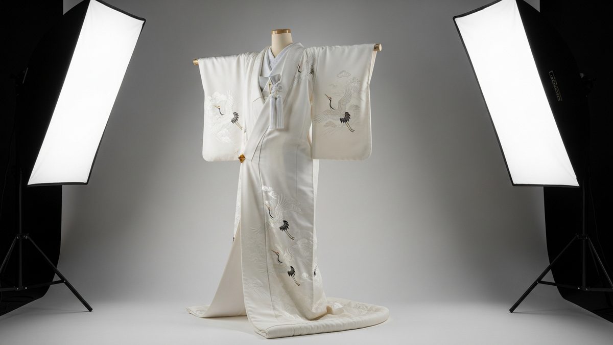 Kimono shiromuku blanc de mariage japonais traditionnel sur support, tissu soyeux