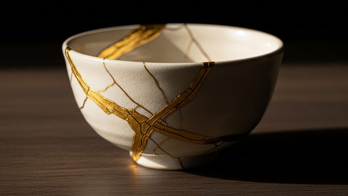 Bol en céramique réparé avec la technique kintsugi et ses coutures dorées