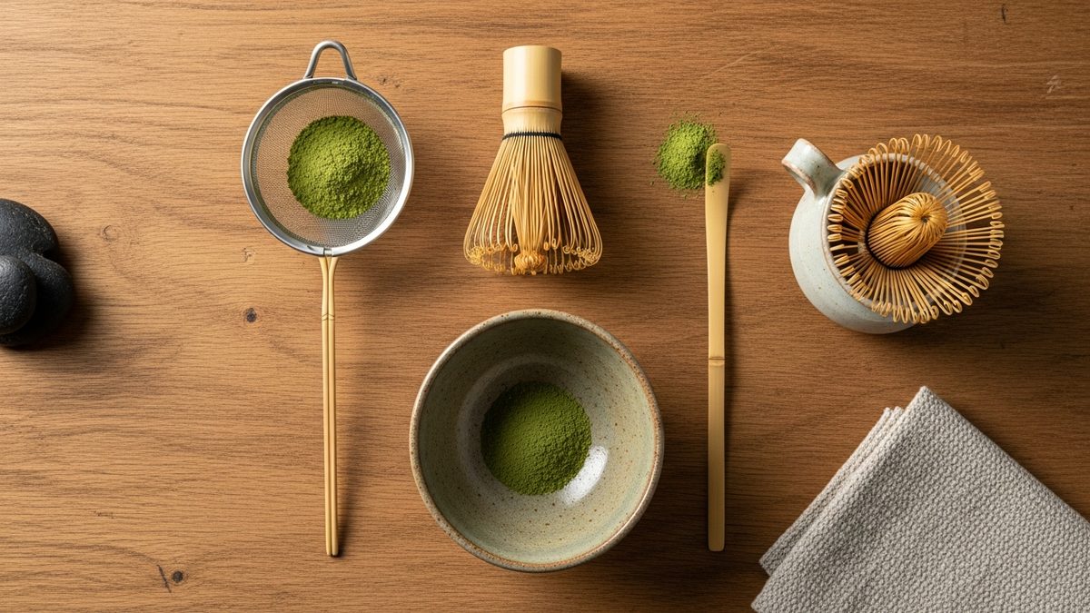 Kit matcha complet avec bol chawan fouet chasen et accessoires sur table en bois