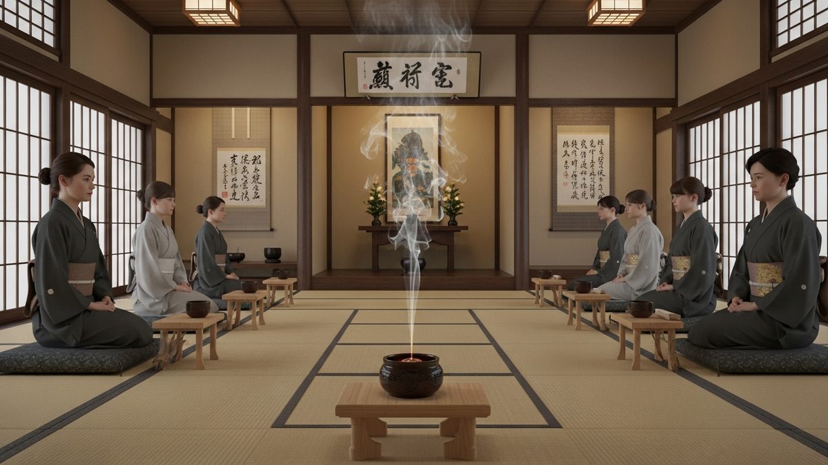 Ceremonie kodo japonais avec bruleur a encens et fumee delicate