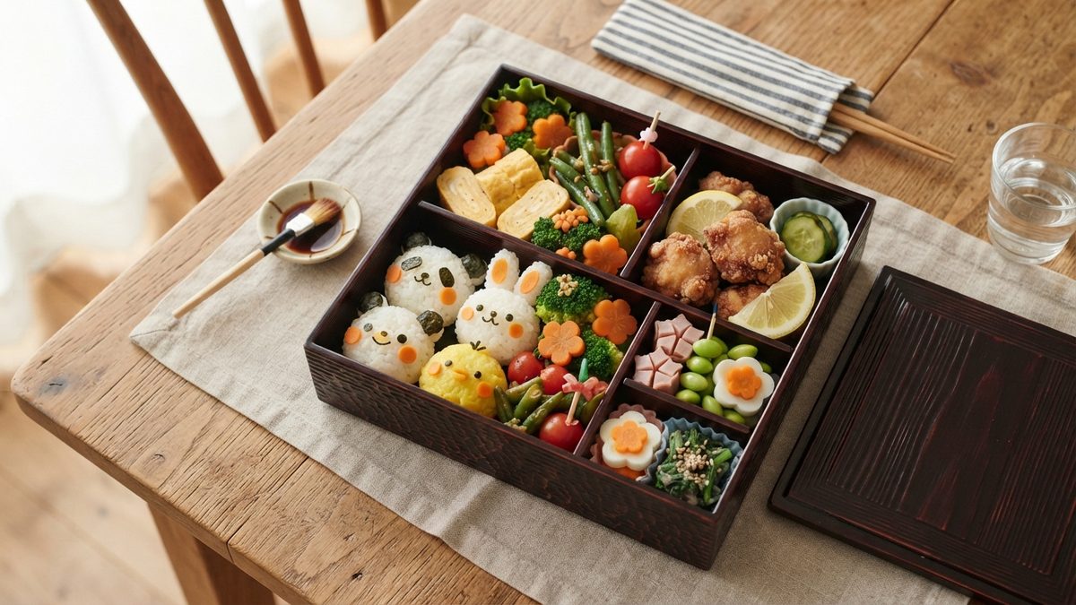 Bento japonais mignon vu de dessus avec boules de riz en forme de personnages kyaraben