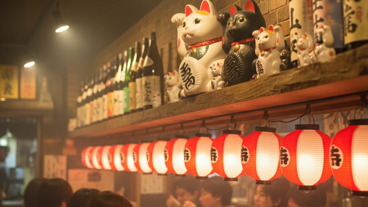 Deux Maneki Neko côte à côte montrant patte gauche et patte droite levées