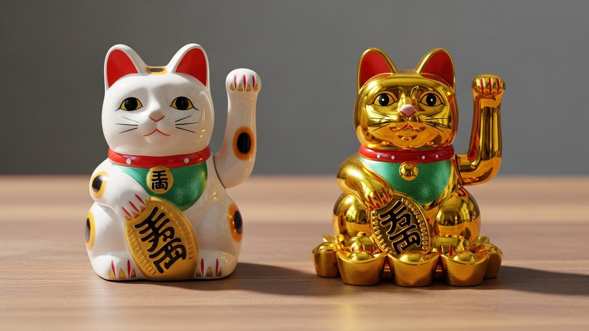 Comparaison entre Maneki Neko japonais authentique et chat porte-bonheur chinois