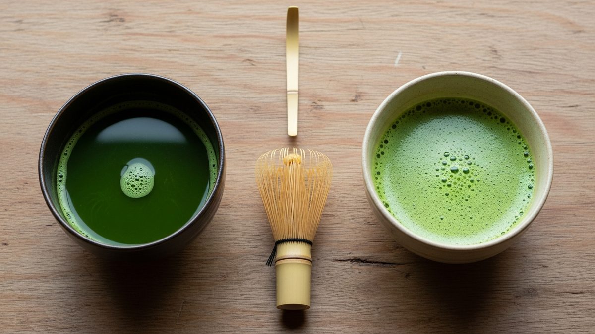 Comparaison entre deux bols de matcha bio et conventionnel sur surface bois
