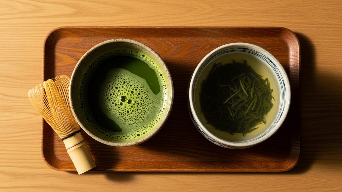 Matcha et the vert sencha cote a cote dans des tasses japonaises en ceramique