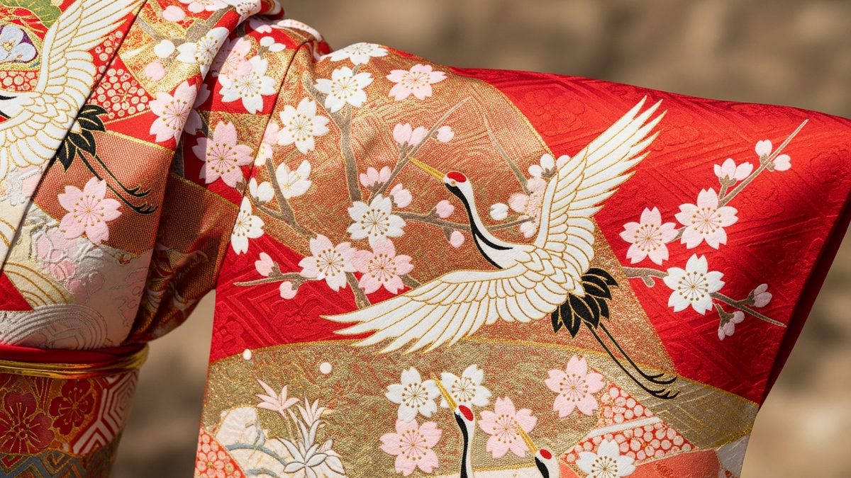 Détail broderie kimono japonais motif grue et fleurs sakura en rouge et or