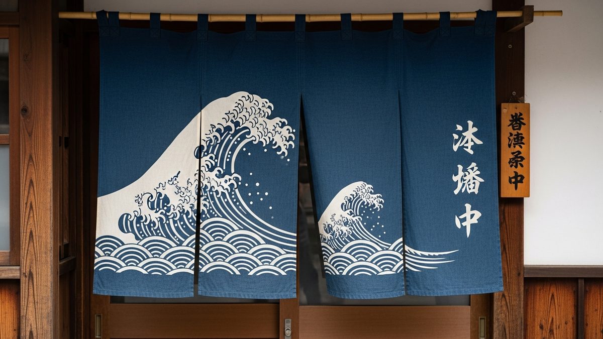 Noren japonais bleu indigo avec motif seigaiha dans une entrée traditionnelle en bois