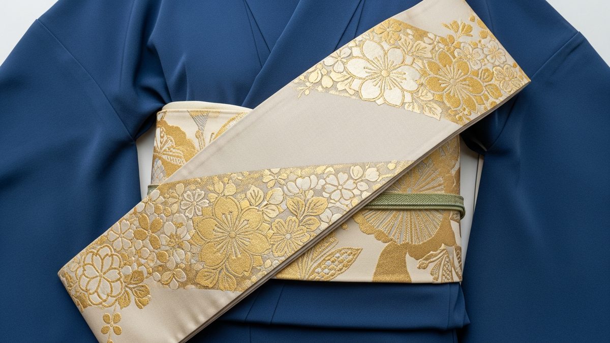 Obi japonais traditionnel en soie pose sur un kimono bleu