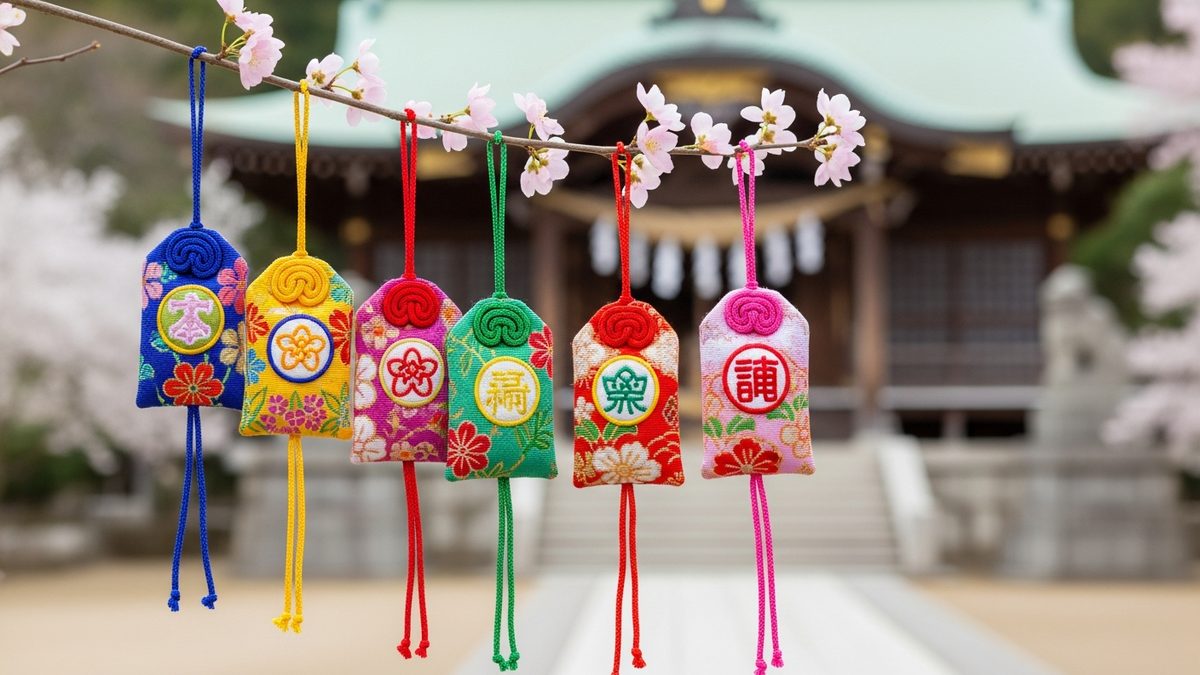 Omamori japonais colores suspendus a une branche de cerisier en fleurs