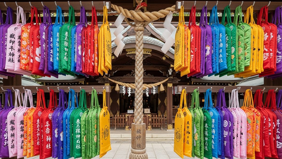 Omamori colorés suspendus dans un sanctuaire shinto japonais