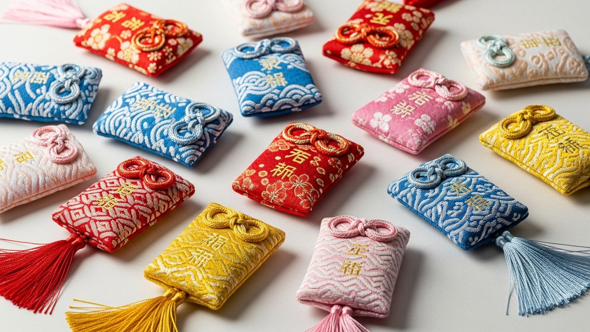 Collection colorée d'omamori japonais sur tissu traditionnel