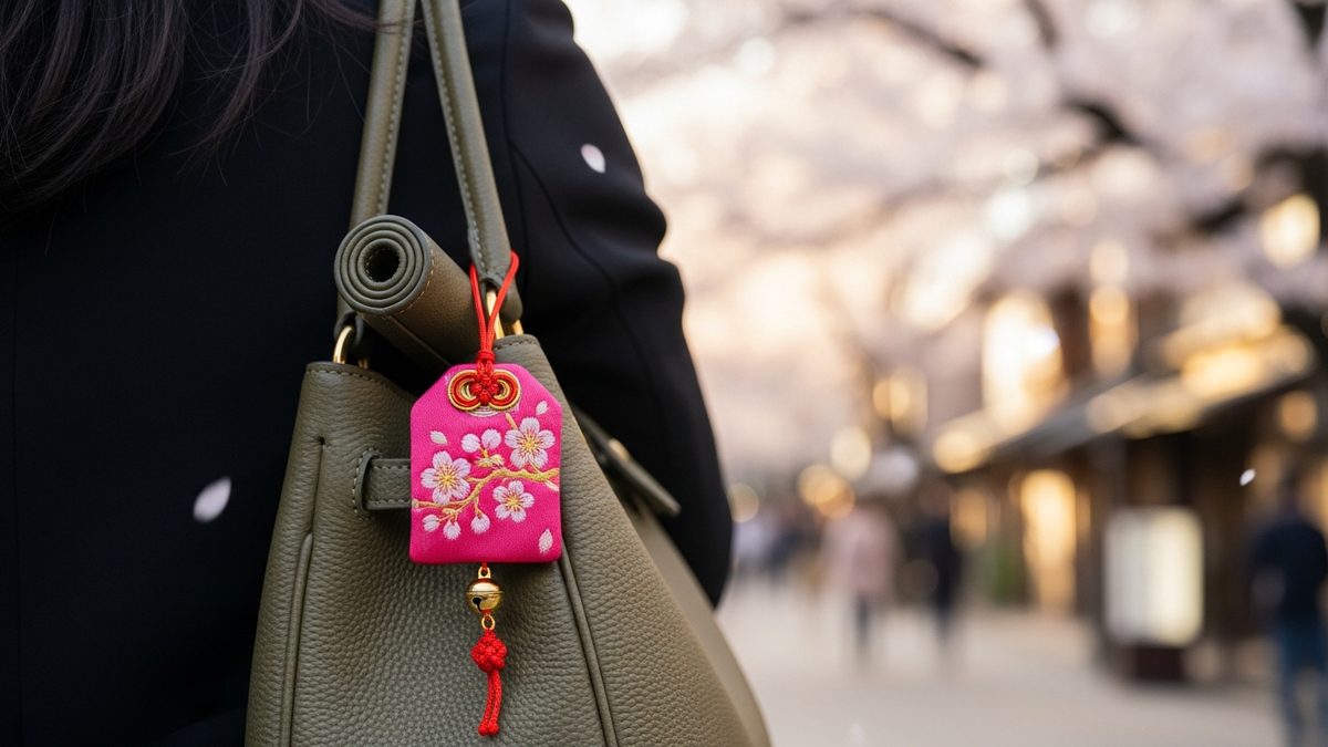 Omamori japonais traditionnel suspendu avec cordon rouge sur fond zen