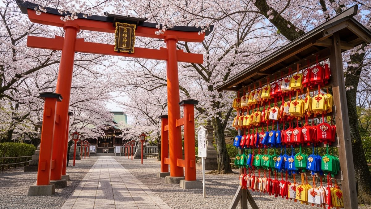 Collection d'Omamori japonais colorés provenant de sanctuaires shinto