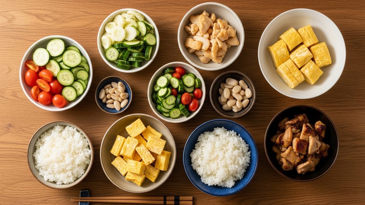 Préparation d'un bento japonais avec ingrédients variés