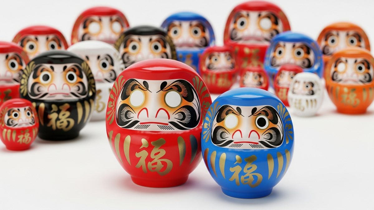 Daruma japonais de différentes couleurs alignés rouge bleu noir blanc orange