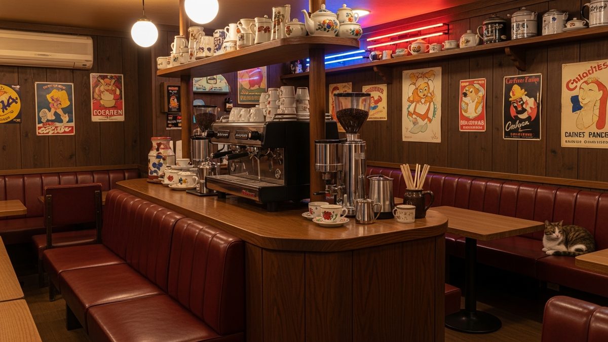 Interieur de kissaten japonais retro style Showa avec bois fonce