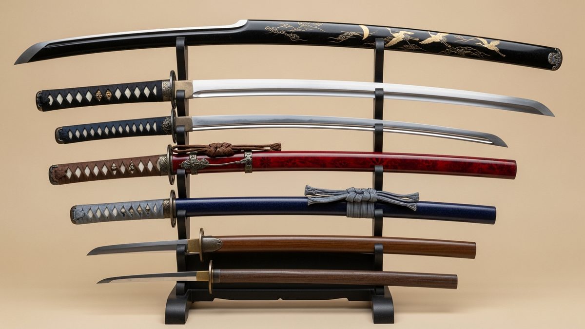 Differents types de sabres japonais exposes sur un ratelier en bois