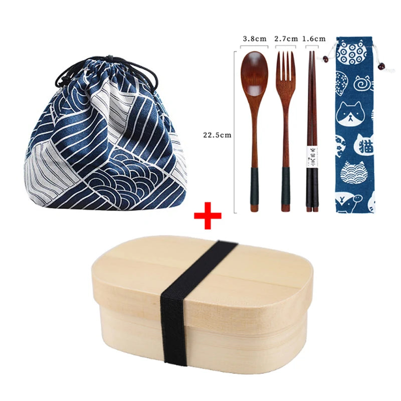 Coffret bento complet bois clair naturel avec boîte ovale, couverts assortis et sac de transport bleu