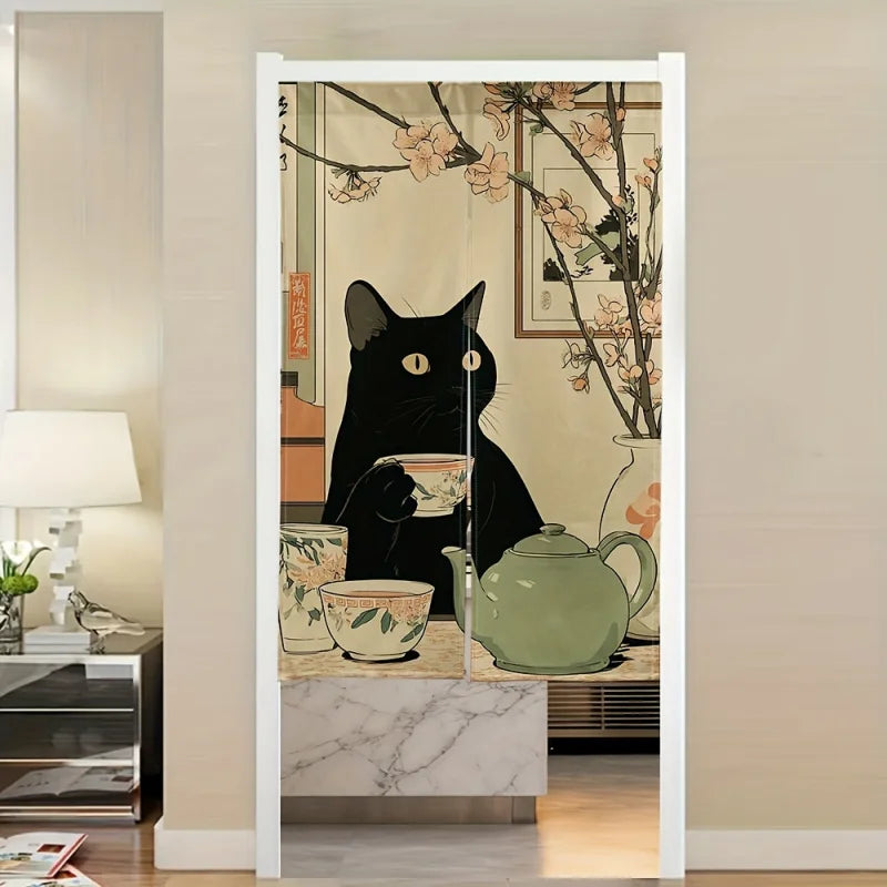 Rideau japonais chat noir à motif théière céladon dans une porte blanche