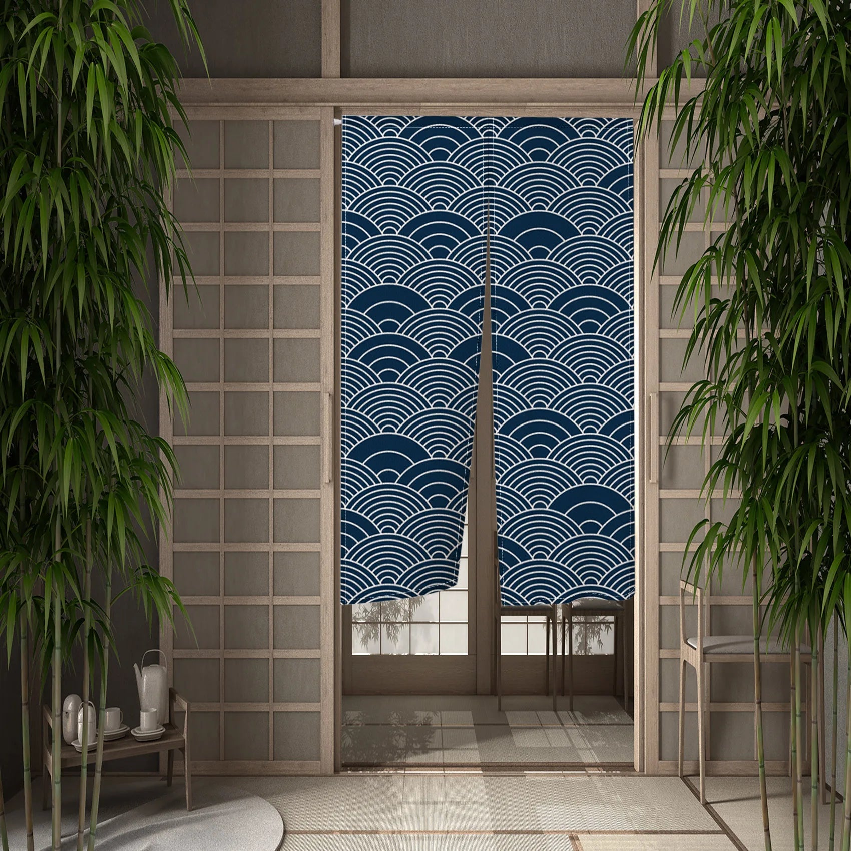 Noren japonais seigaiha bleu marine et blanc, rideau de porte à fente centrale