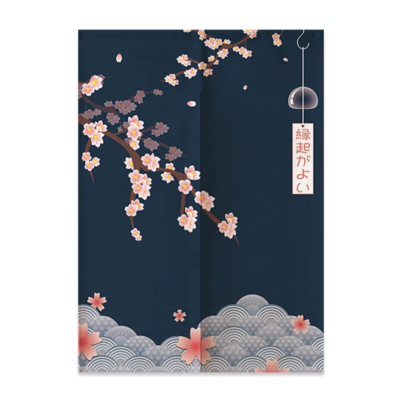 Noren japonais sakura bleu nuit avec clochette furin et tanzaku de bon augure